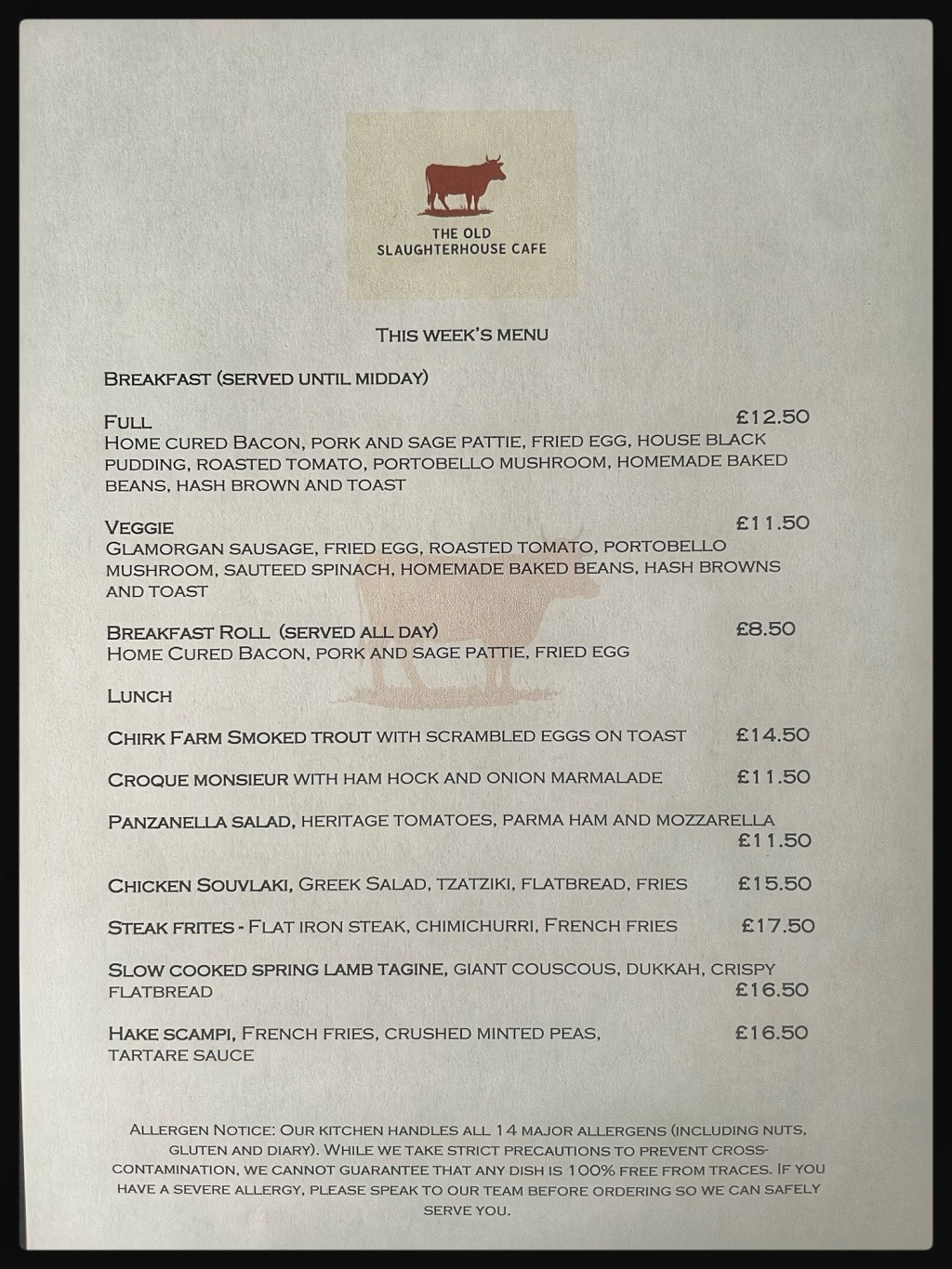Menu 9th – 11th&nbsp;July